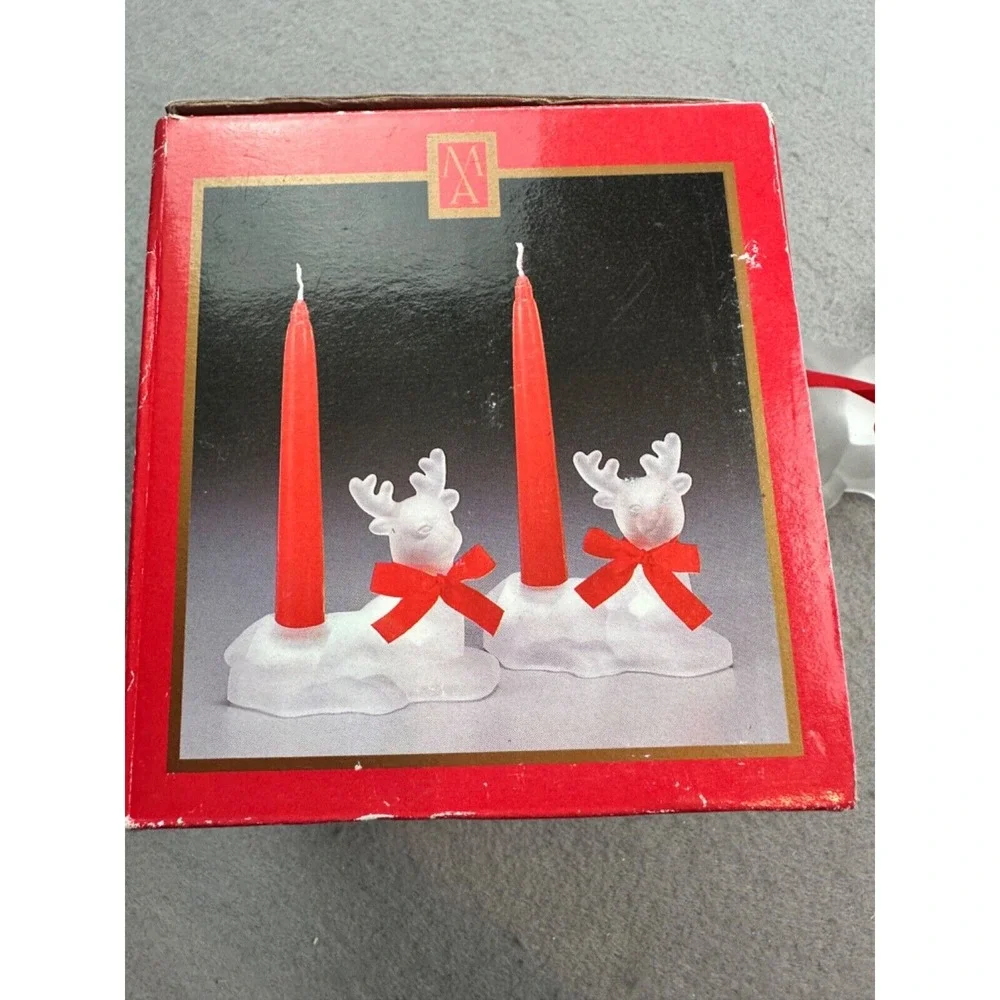 VTG Madison Avenue Set of 2‎ Frosted Reindeer Candle Holders w Red Ribbon NIB!
